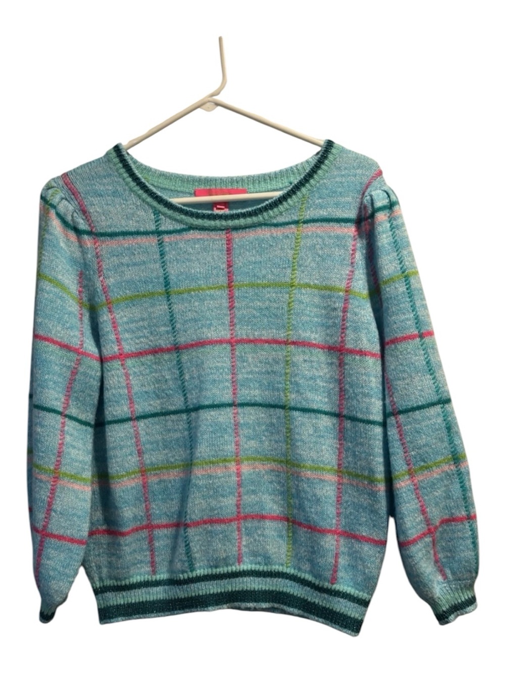 Lilly Pulitzer Aqua Plaid Crewneck Sweater with Pink & Green Stripes